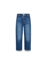 A pair of medium-wash blue denim jeans with a straight-leg or cropped straight silhouette, featuring rolled cuffs and subtle fading on the thighs, shown against a plain white background.