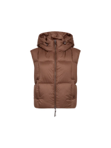 A brown hooded puffer vest with a front zipper, shown against a plain white background.