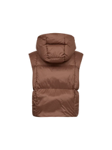A brown puffer vest with a hood, shown from the back against a plain white background.
