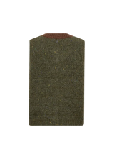 An olive green knit sweater with subtle flecks and a contrasting brown ribbed crew neck, shown flat against a white background.