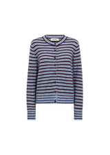 A striped knit cardigan sweater with horizontal bands of navy, blue, and burgundy, featuring a button-up front and ribbed trim, shown against a plain white background.