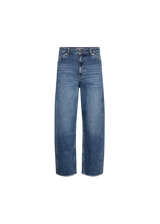 A pair of medium-wash blue denim jeans with a straight-leg or slightly relaxed fit, shown flat against a solid white background.