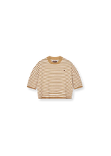 A cropped long-sleeve t-shirt with horizontal tan and white stripes, featuring a small embroidered Polo Ralph Lauren logo on the left chest, displayed on a clean white background.