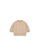 A cropped long-sleeve t-shirt with horizontal tan and cream stripes, shown from the back on a white background.