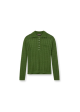 An olive green cable-knit long-sleeve polo shirt with a buttoned placket and a chest pocket, displayed flat against a white background.