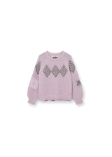 A light pink knit sweater with a gray geometric diamond pattern across the chest and sleeves, featuring a small embroidered logo on the right sleeve, displayed on a clean white background.