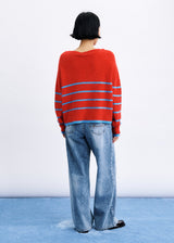 A person viewed from the back wearing a red knit sweater with horizontal blue stripes and light-wash wide-leg jeans, standing against a plain white wall on a blue floor.