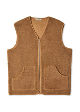 Brown fleece vest with two front pockets on a white background