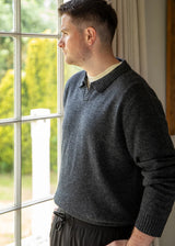 A man wearing a dark gray knit polo sweater stands in profile by a large window, looking out onto green garden foliage.