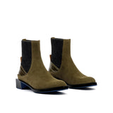 A pair of women's ankle boots in olive green suede with dark charcoal gray elastic side panels and a textured patterned heel detail, set against a plain white background.