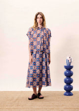 Long blue skirt with geometric patterns, elasticated waist and drawstring
