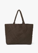 A dark brown woven tote bag with two top handles, shown against a plain white background.