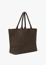 A dark brown woven leather tote bag with two braided shoulder straps, shown from a three-quarter angle against a plain white background.