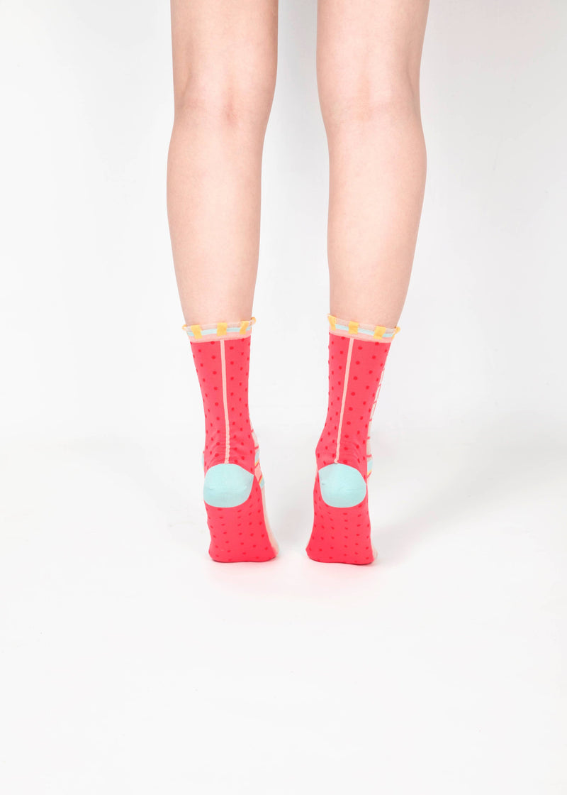 Grids with Polka Dots Sheer Socks - watermelon pink PAPERSELF