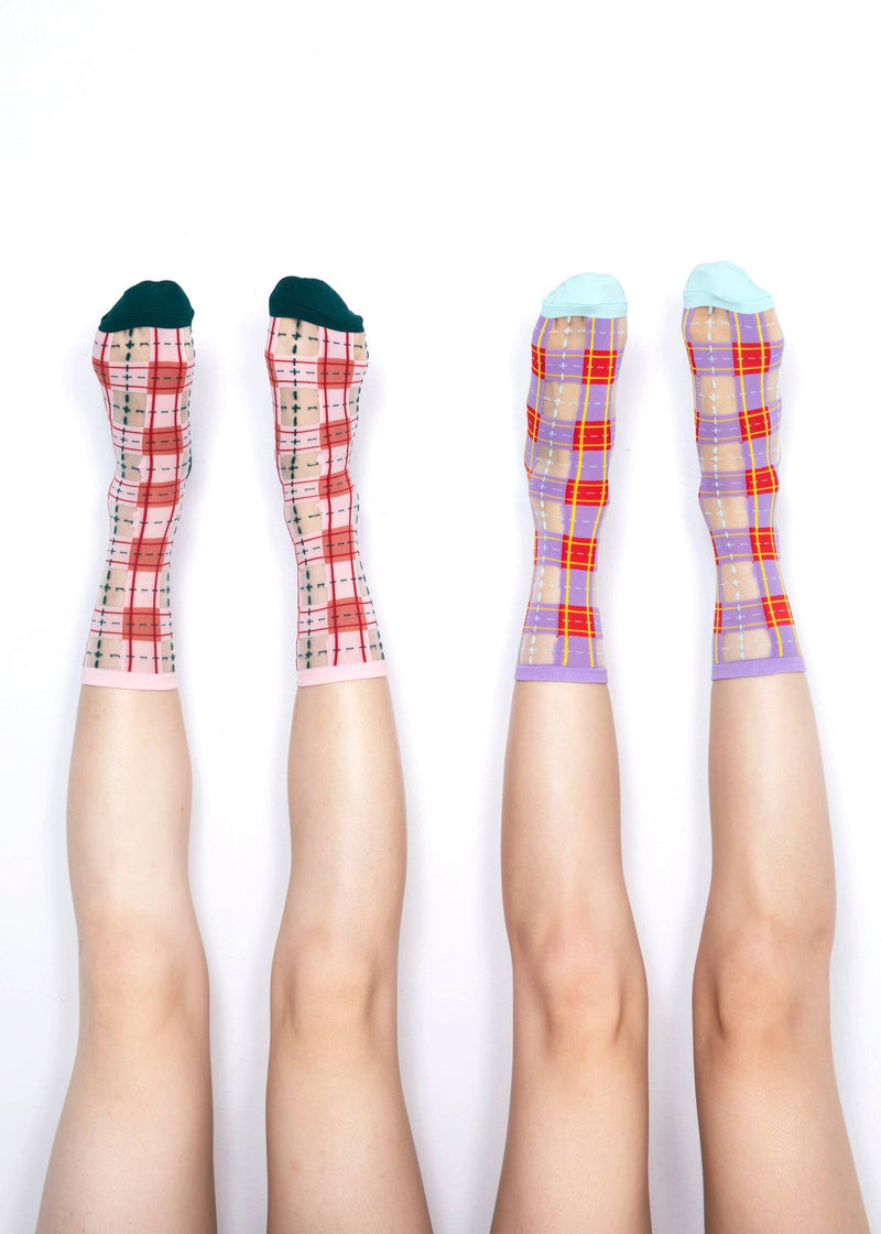Tartan Sheer Socks - Pink and Peach PAPERSELF