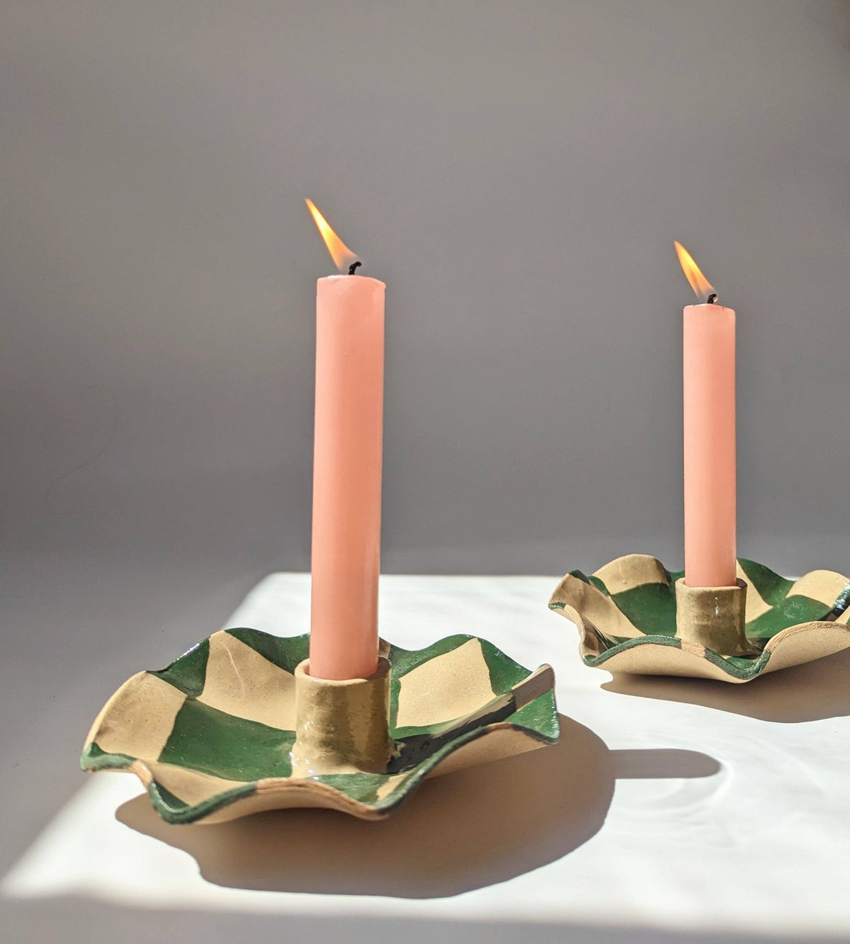 Green Checked Scalloped Candle Holders Rosie Gore