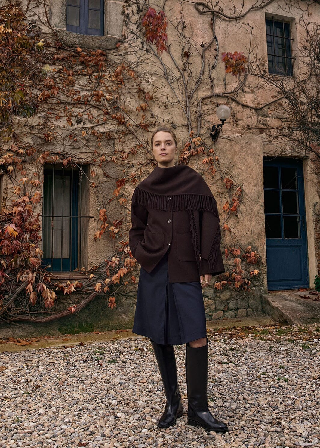 Handmade Coat with Removable Fringe Scarf | Chocolate | Yerse Coat Yerse