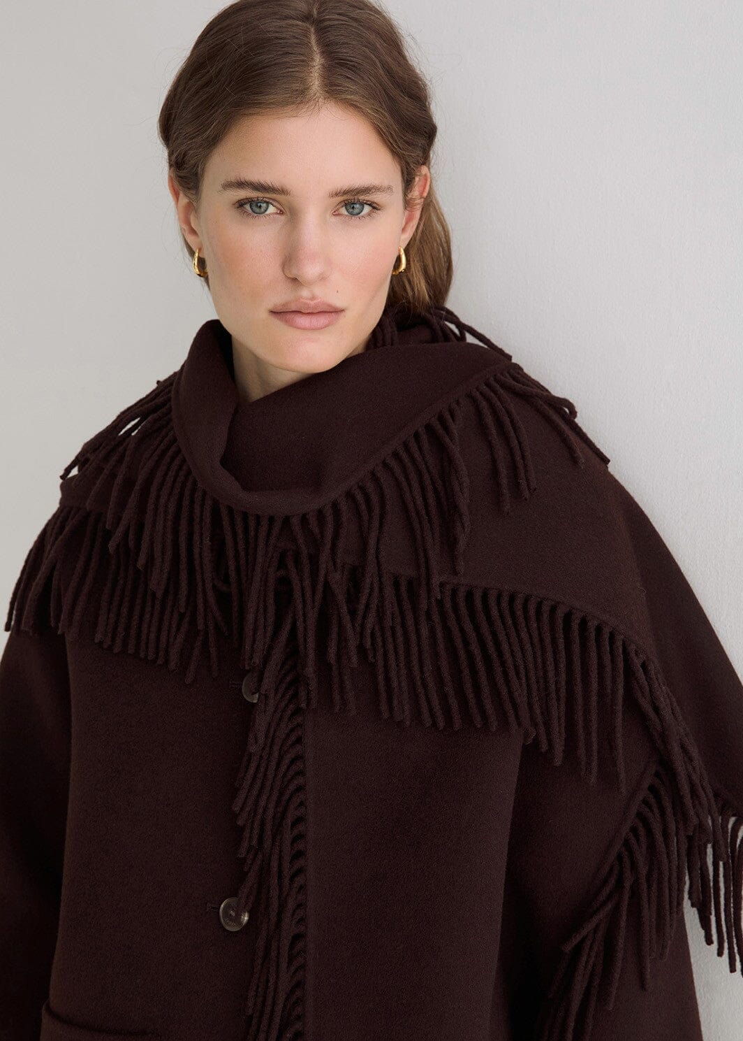 Handmade Coat with Removable Fringe Scarf | Chocolate | Yerse Coat Yerse