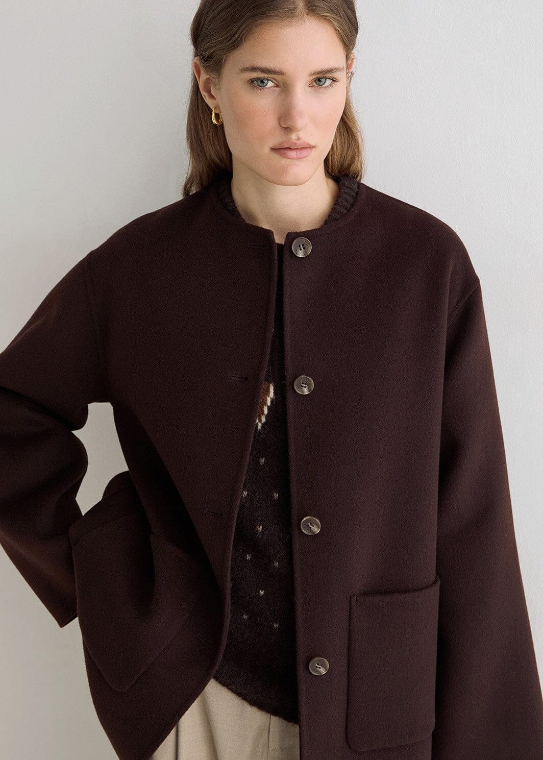 Handmade Coat with Removable Fringe Scarf | Chocolate | Yerse Coat Yerse
