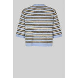 Striped shirt with blue and beige pattern on a light gray background