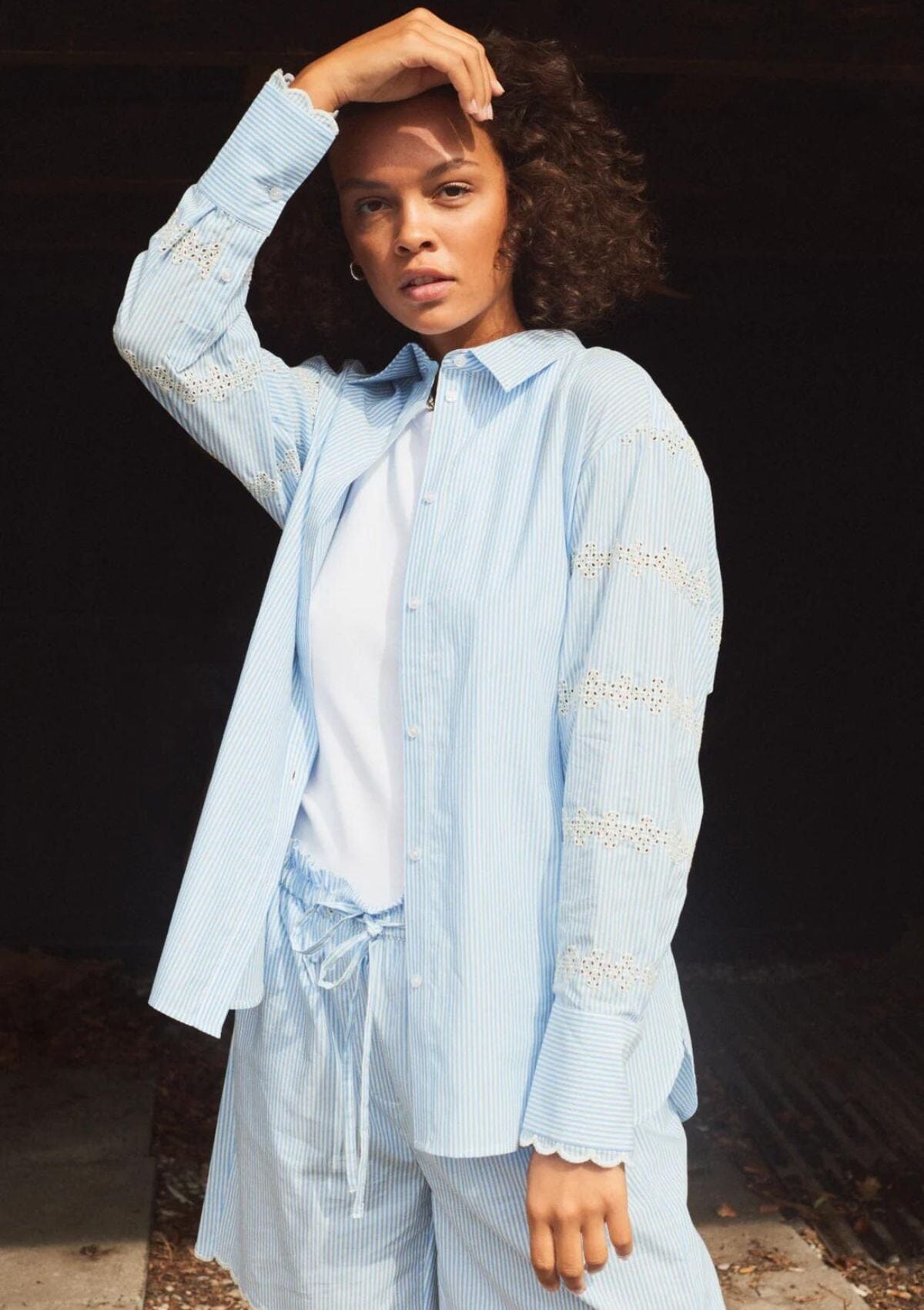 Light Blue Pin Striped Shorts | LR-BONETE3 | LEVETE ROOM Shorts Levete Room