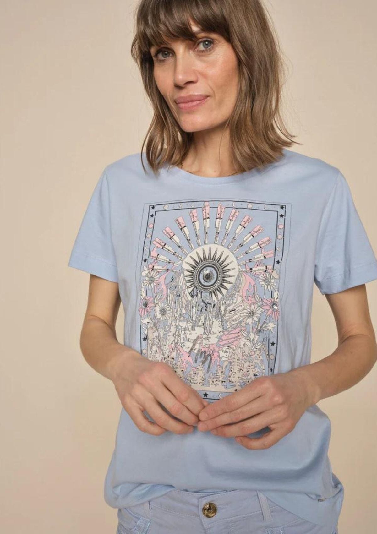 Melika Beaded O-SS Tee | Cashmere Blue | Mos Mosh T-Shirt MOS MOSH