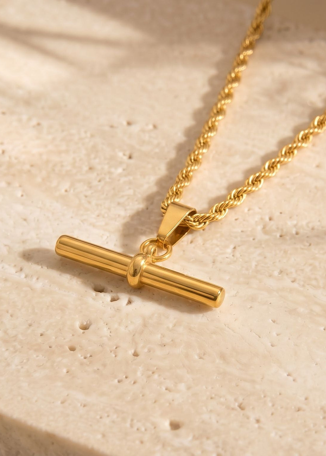 T Bar Pendant Necklace Rope Twist Chain 18k Gold Waterproof Gold Lunar