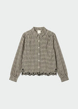 A long-sleeve button-up shirt with a beige and black checkered pattern and a delicate black lace hem, displayed against a light gray background.