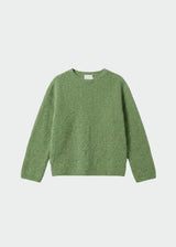A green long-sleeve crewneck knit sweater with a fuzzy, textured fabric, displayed flat against a light gray background.