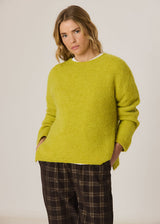 A woman wearing a fuzzy lime green crewneck sweater and dark brown plaid pants, standing against a plain light beige studio background.