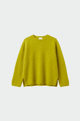 A bright yellow-green knit crewneck sweater displayed flat against a light gray background.