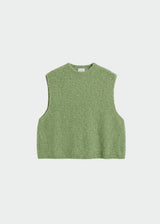 A sleeveless knit sweater vest in a heathered sage green color, displayed flat against a light gray background.