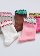Women's Ruffle Trim Cotton Socks - Lightweight & Colorblock Happy Knits