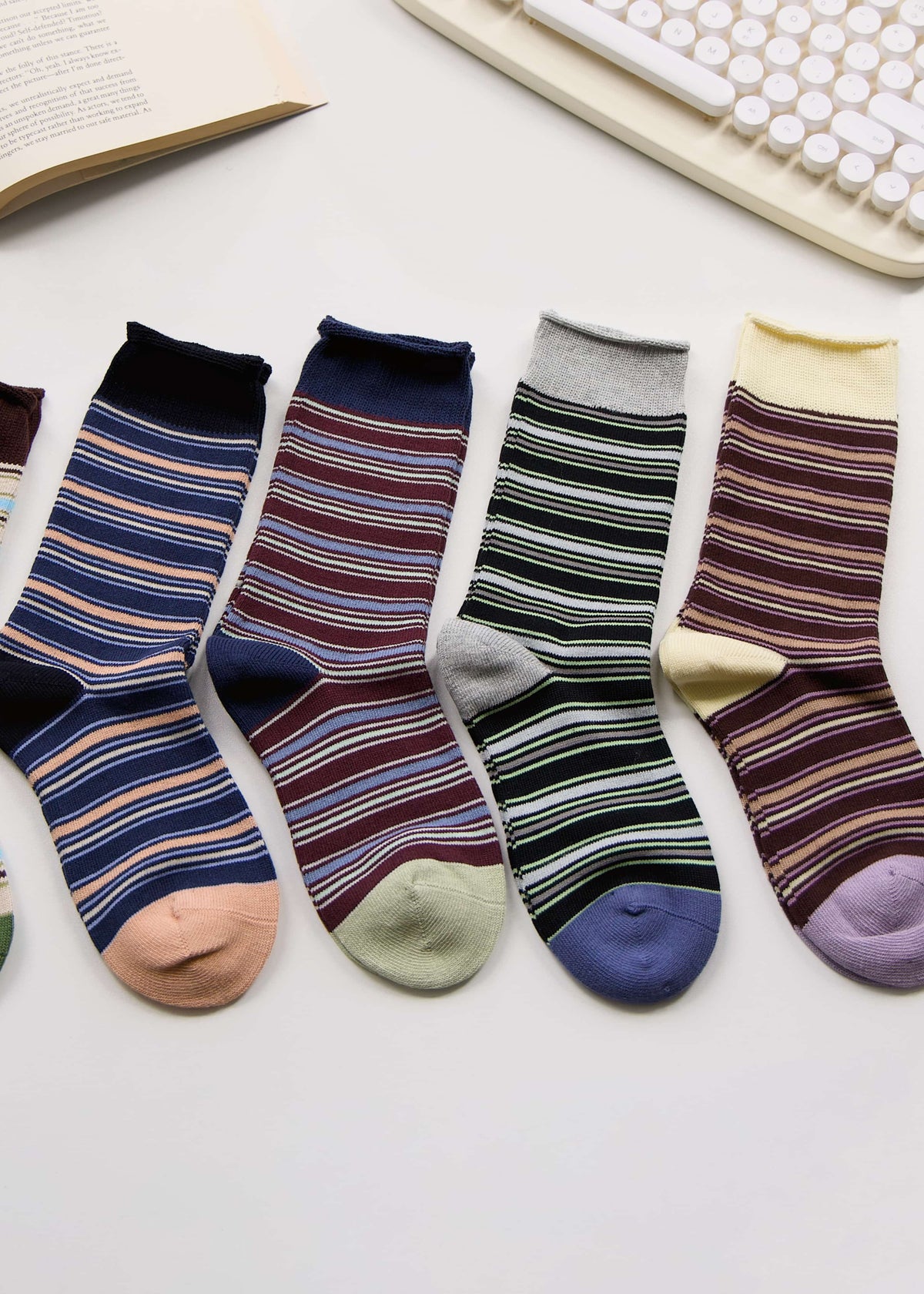 Women’s Vintage Striped Cotton Crew Socks – Autumn Style Happy Knits