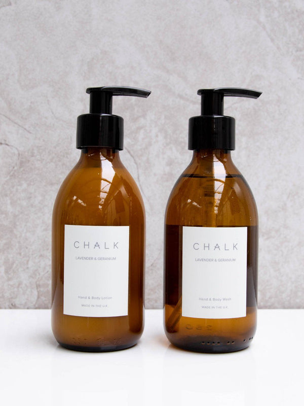 Amber Glass Hand and Body Lotion | Lavender and Geranium | Chalk | Made in the UK Hand & Body Wash Chalk